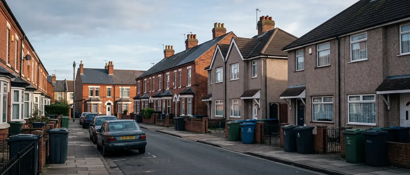 A UK street of terraced and semi-detached homes, each paying council tax set by its local council