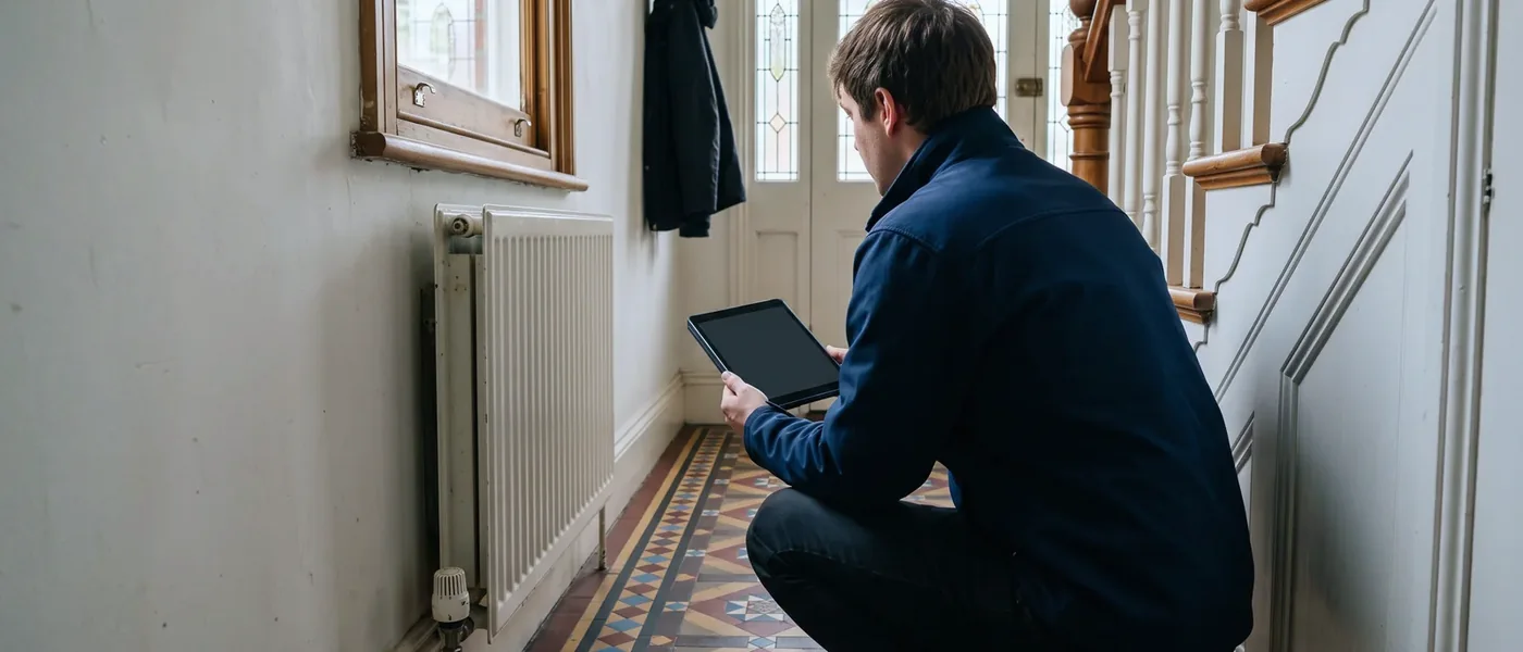 Domestic energy assessor recording the heating in a hallway, the site visit an EPC cost pays for
