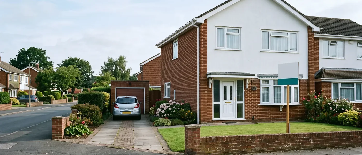 UK house with a for-sale board in the front garden, which needs a valid EPC when selling