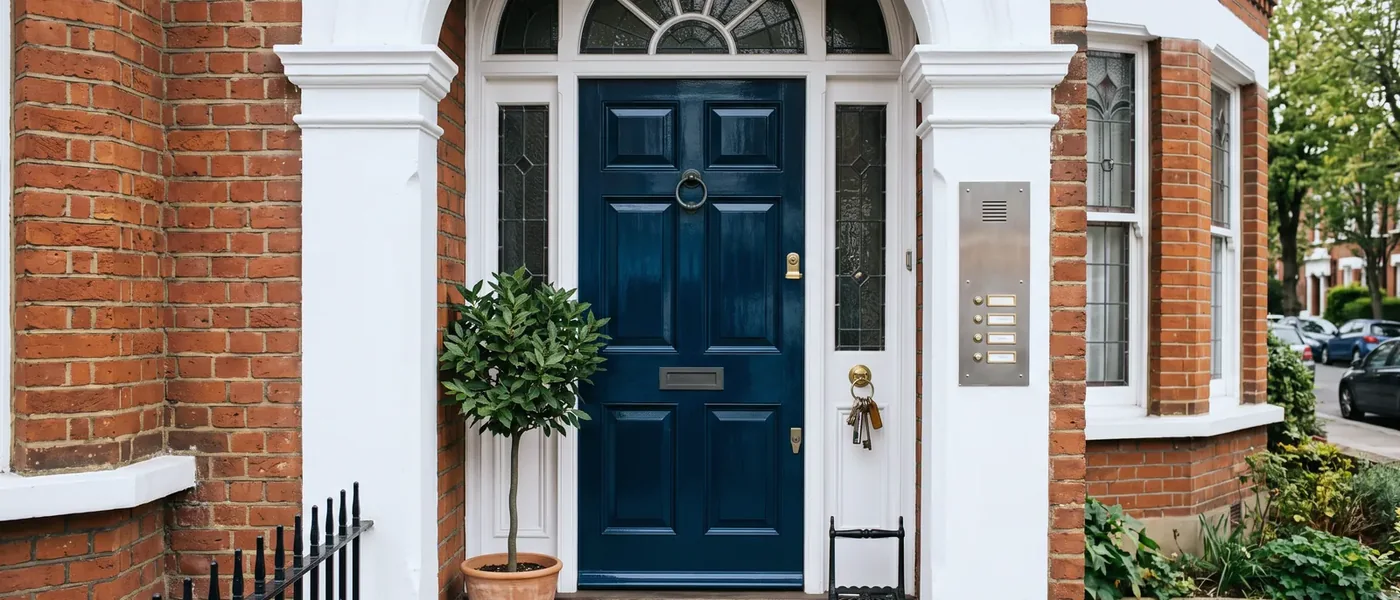 Front door of a house converted into rental flats, with flat door bells and keys, where each let needs an EPC for landlords